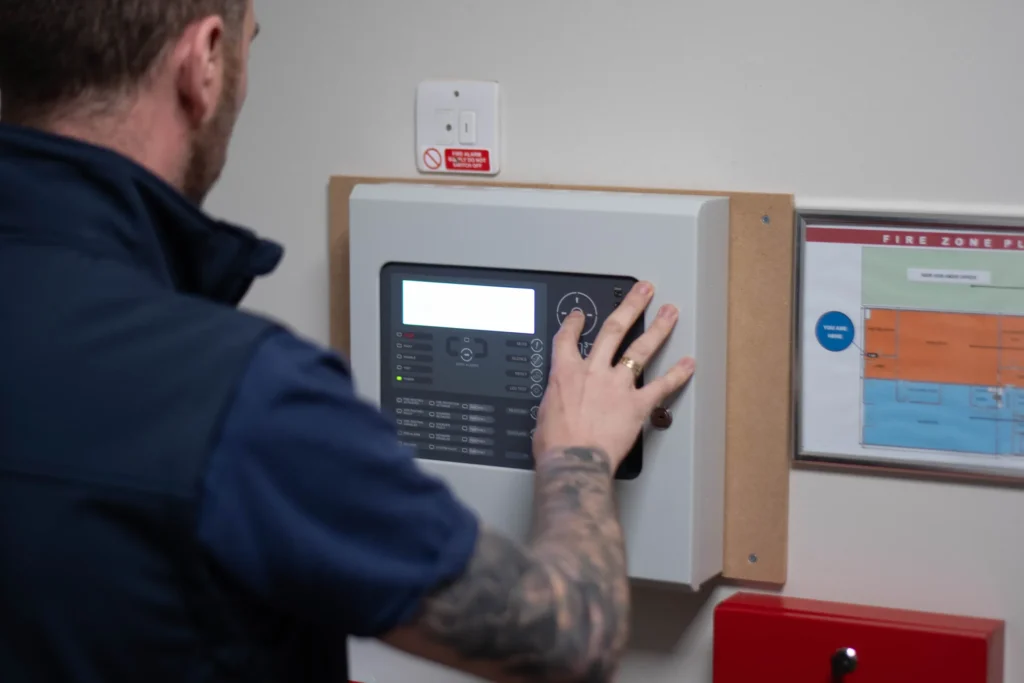 A fire alarm control panel