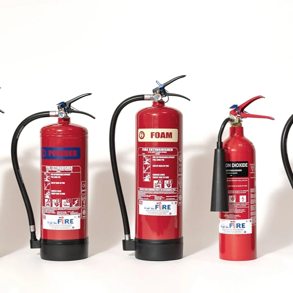 Fire extinguishers in the different colours used to identify each type