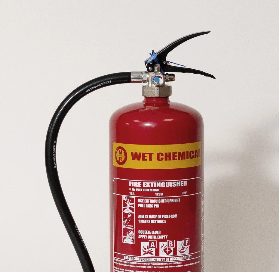 Yellow wet chemical fire extinguisher for Class F and Class A kitchen fires — fire extinguisher supply and servicing from Fire Alarm Systems