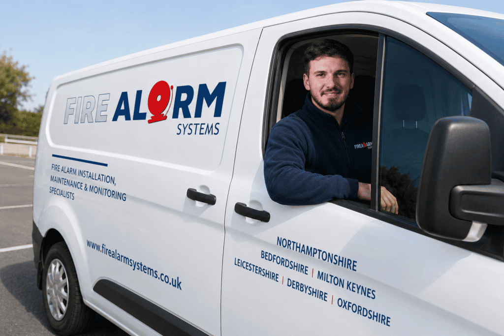 Fire Alarm Systems engineer in a branded company van, signwritten for fire alarm installation, maintenance and monitoring across Northamptonshire, Bedfordshire, Milton Keynes, Leicestershire, Derbyshire and Oxfordshire