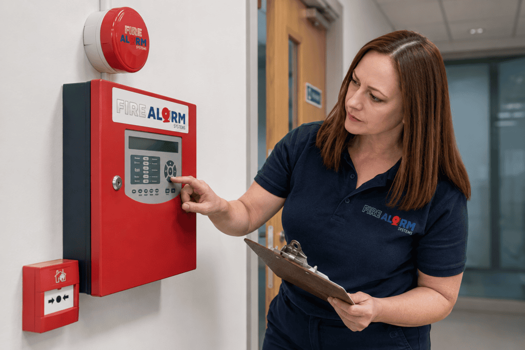 Fire Alarm Systems engineer servicing a commercial fire alarm control panel