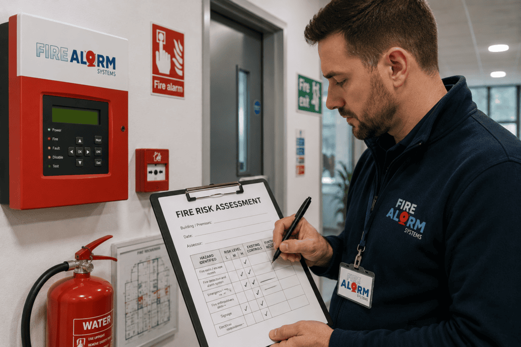 Fire Alarm Systems assessor carrying out a commercial fire risk assessment