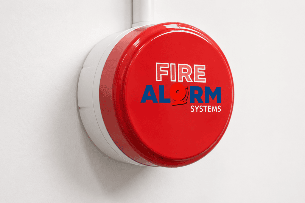 Red fire alarm sounder mounted on a white wall, branded with the Fire Alarm Systems logo