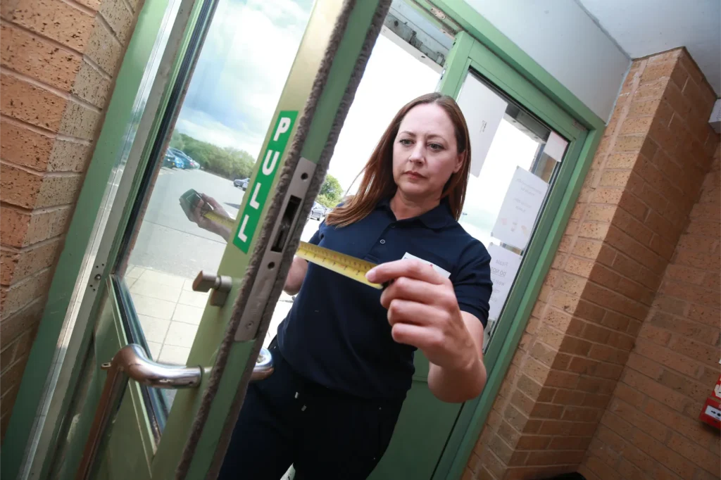 Fire Alarm Systems assessor measuring the gap around a green fire door with a tape measure during a fire risk assessment