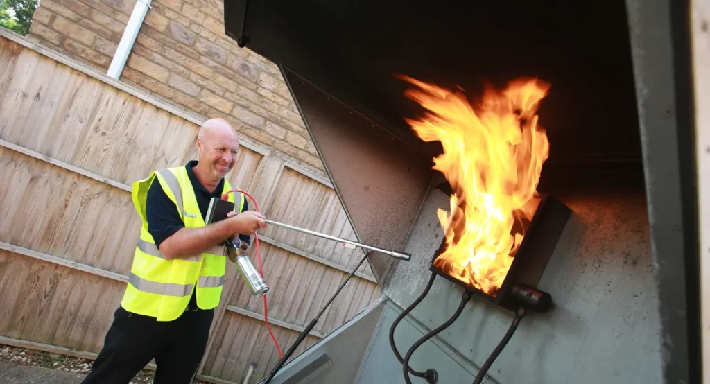 Fire Alarm Systems trainer lighting a controlled fire on the mobile live fire training unit